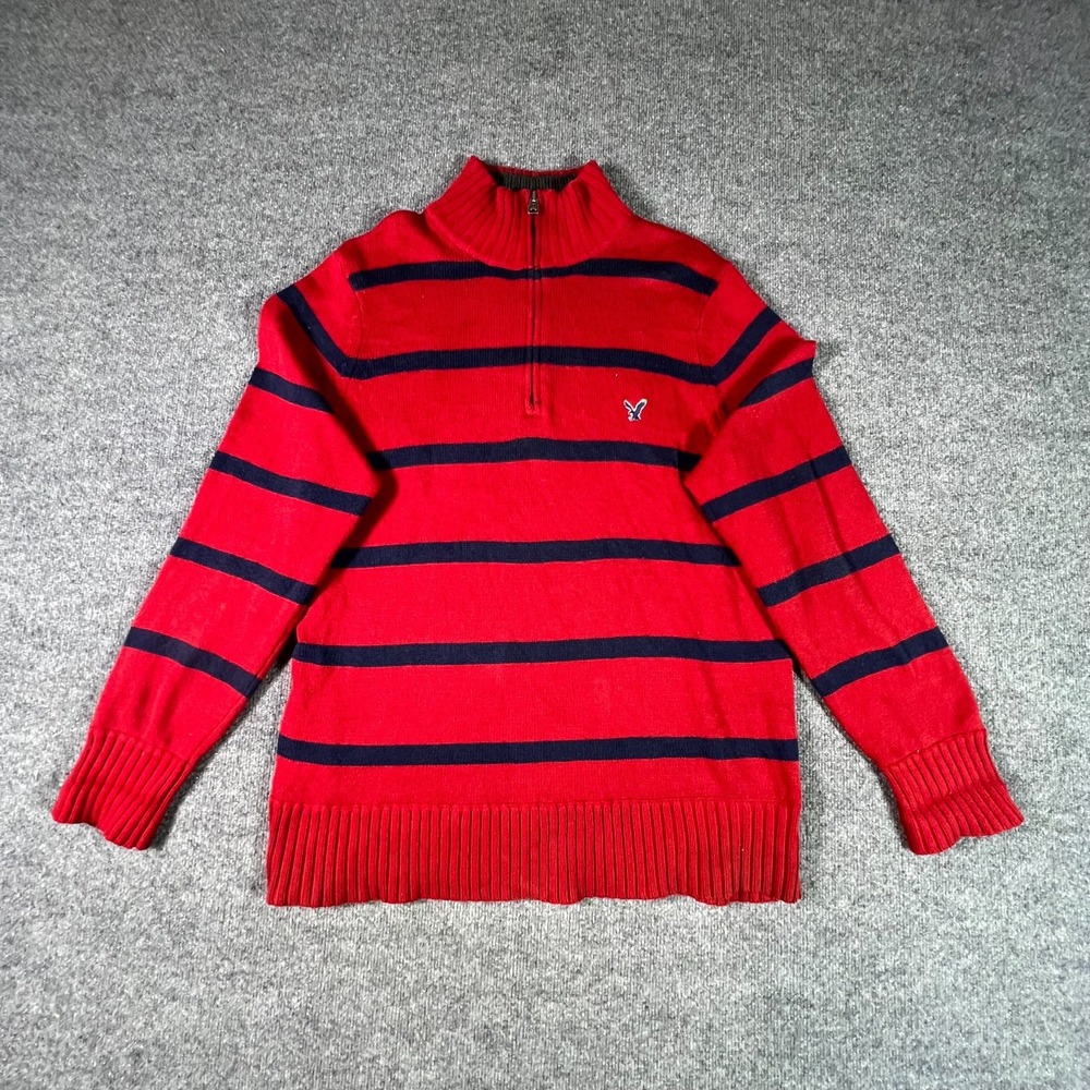 American Eagle Sweater Mens 2XL Red Blue Striped 100% Cotton 1/4 Zip Cozy Preppy